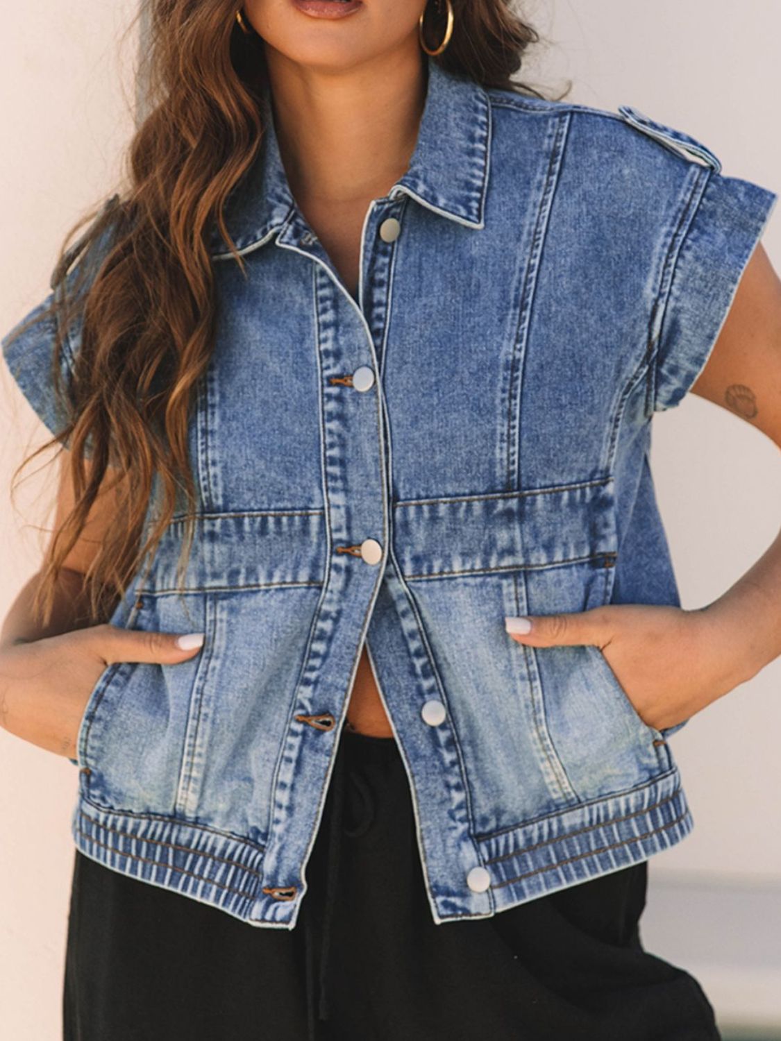 Button Up Cap Sleeve Denim Jacket