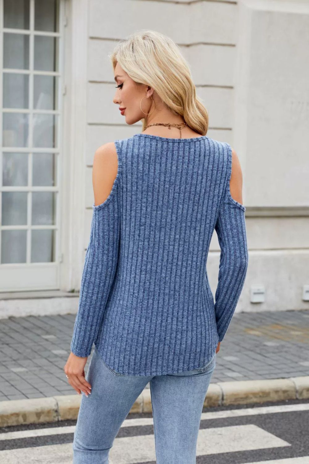 Ribbed Cold Shoulder Long Sleeve Top