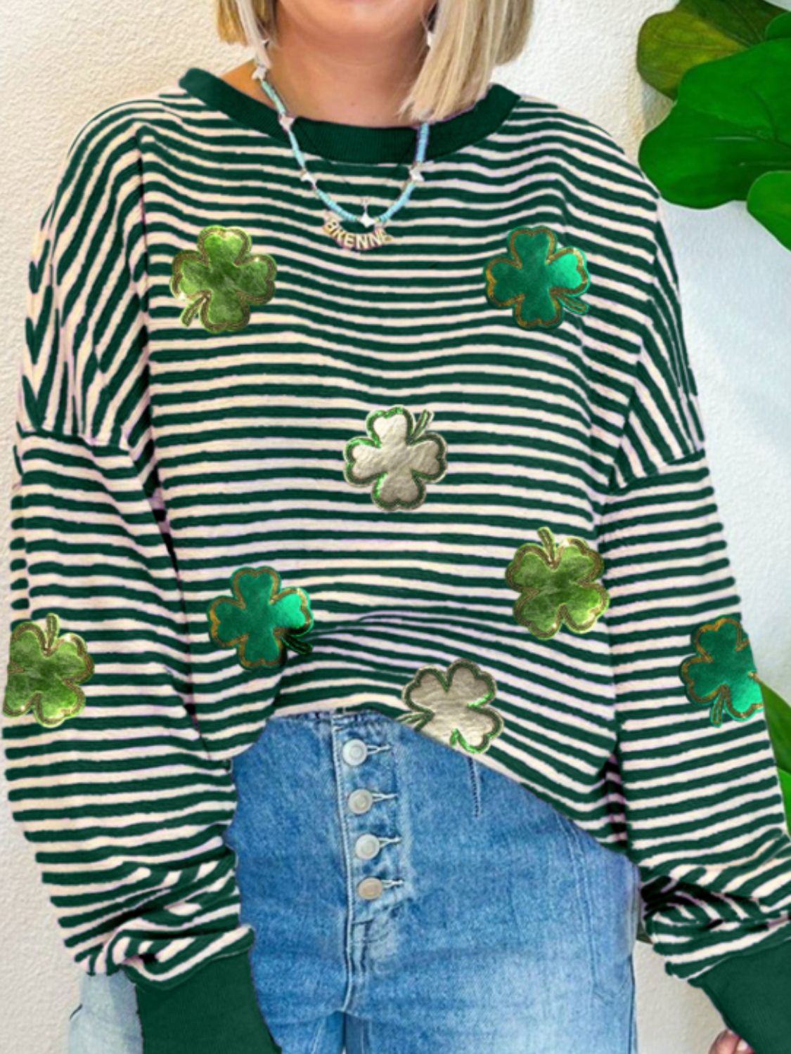 Stripe Lucky Clover Drop Shoulder Sweatshirt