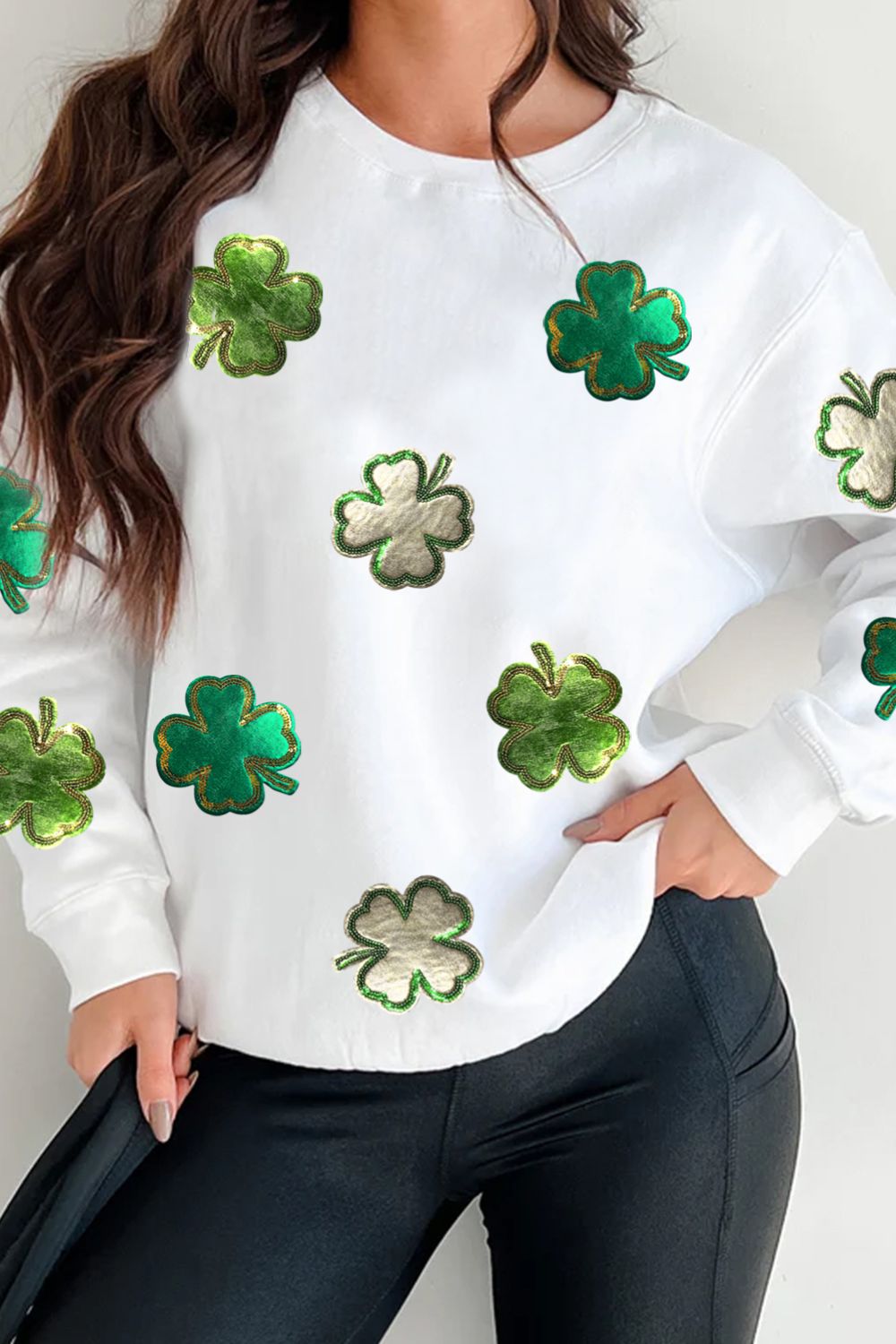 Lucky Clover Round Neck Long Sleeve Sweatshirt