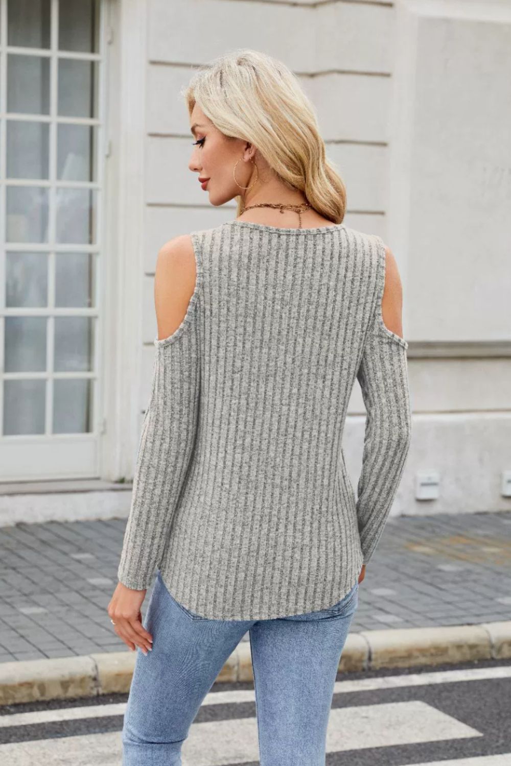 Ribbed Cold Shoulder Long Sleeve Top