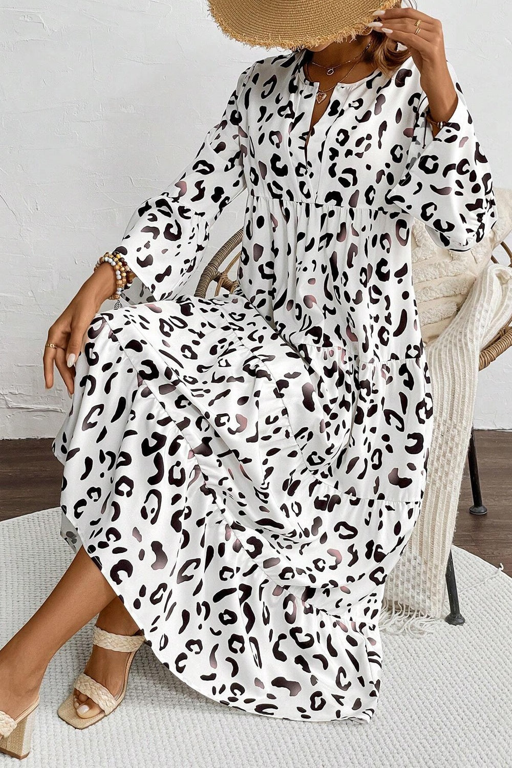 Leopard Notched Long Sleeve Dress