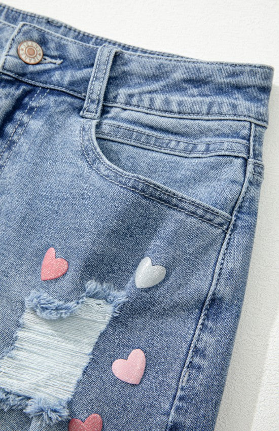 Distressed Raw Hem Heart Denim Skirt