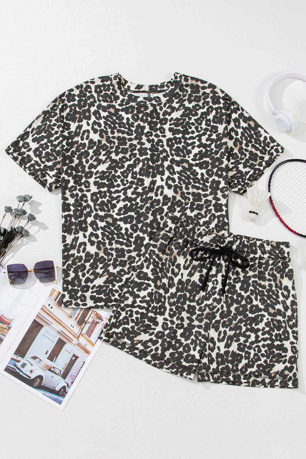 Leopard Round Neck Top and Shorts Set