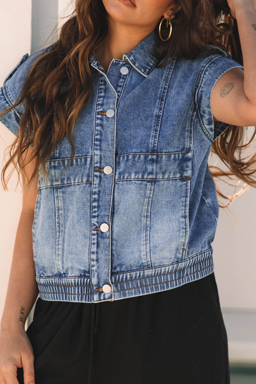 Button Up Cap Sleeve Denim Jacket