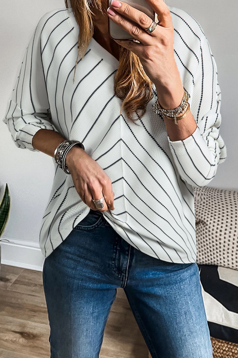 Striped V-Neck Long Sleeve Blouse