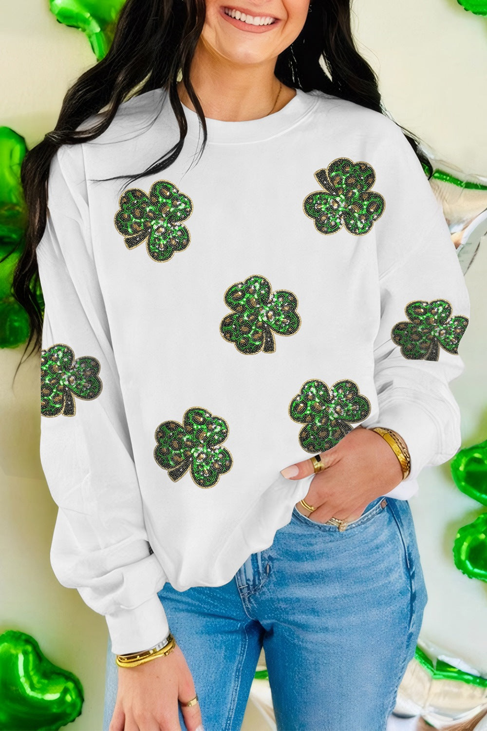 Sequin Lucky Clover Long Sleeve Sweatshirt