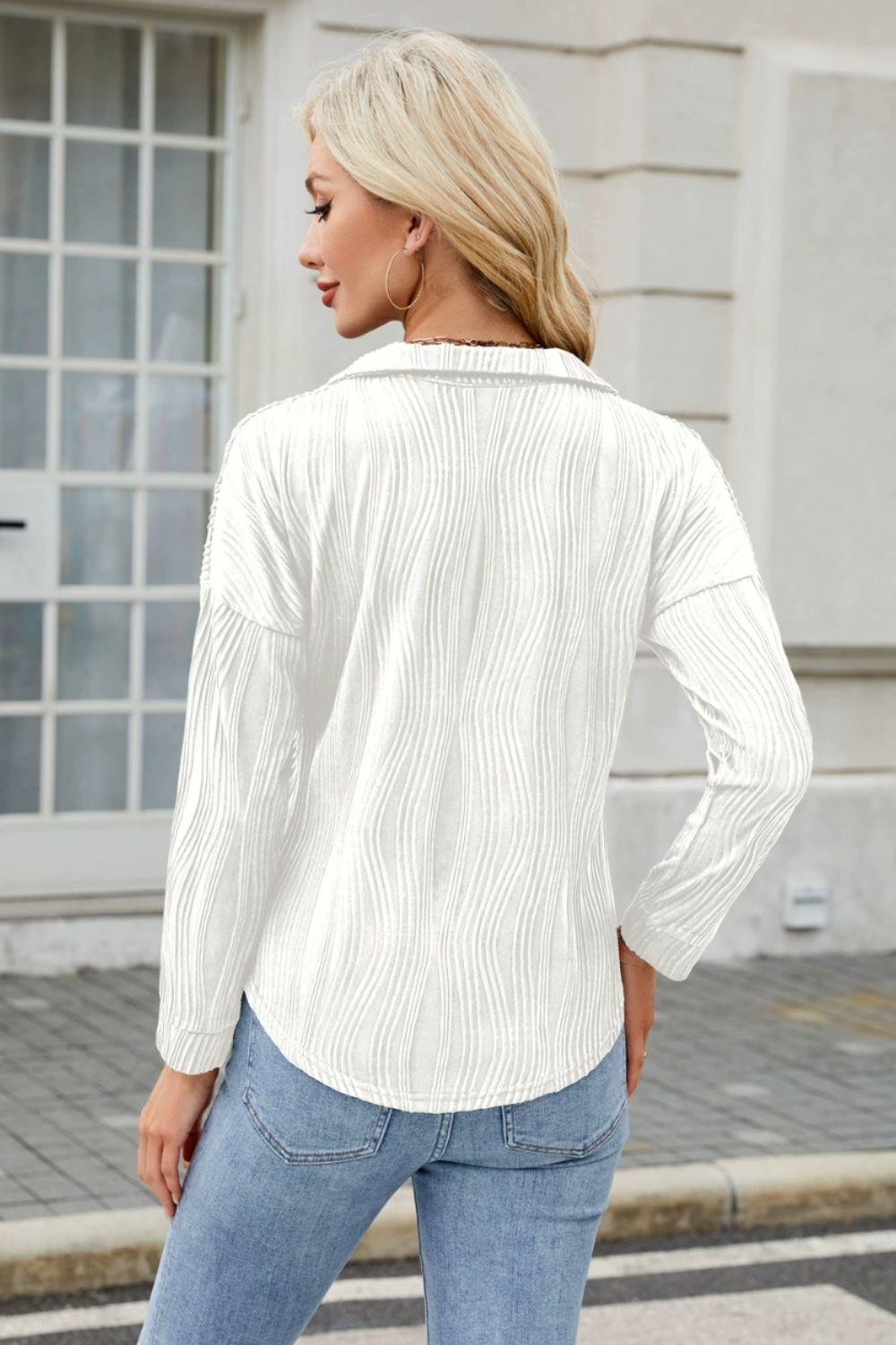 Texture Collared Neck Long Sleeve Blouse