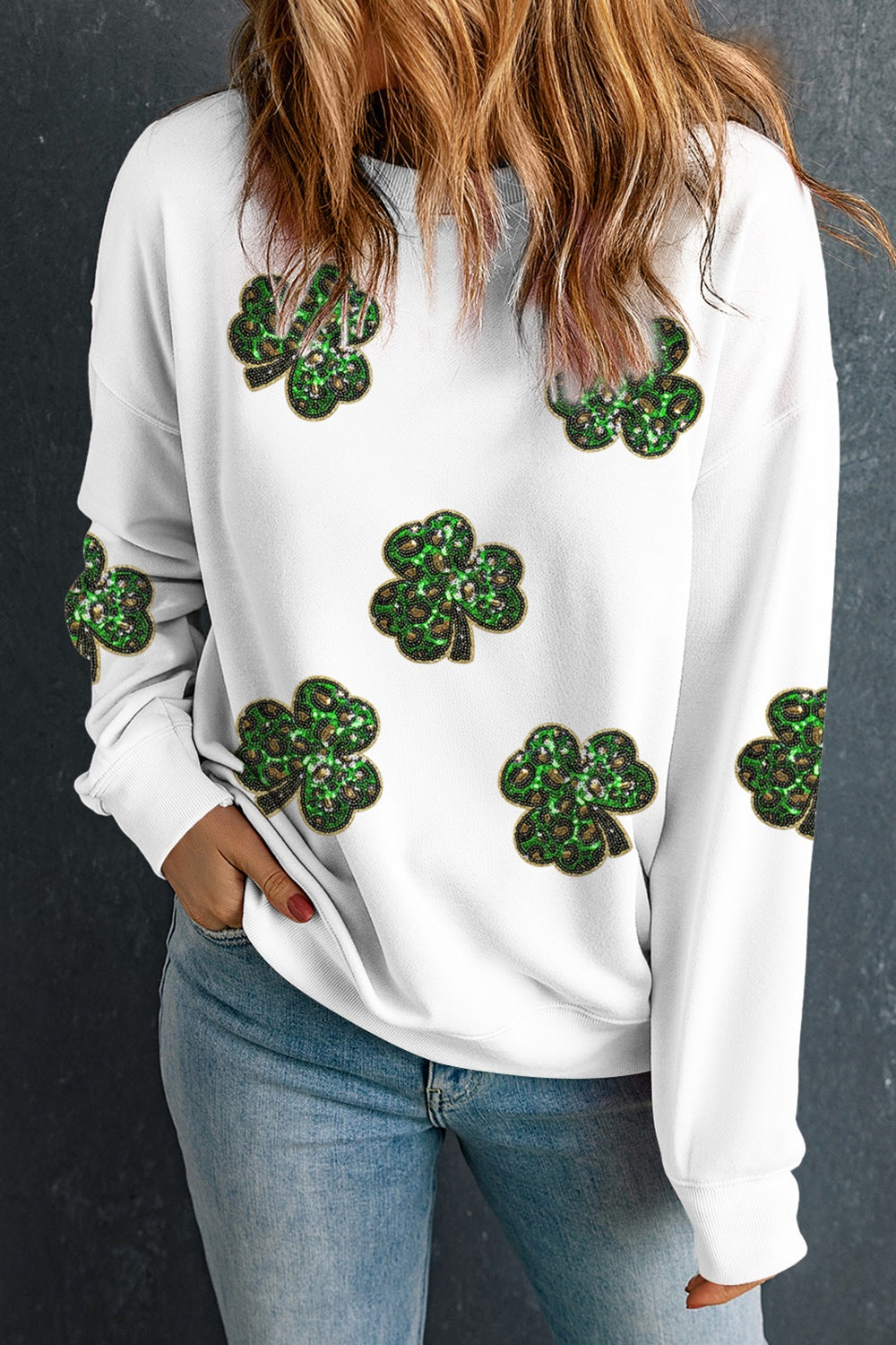 Sequin Lucky Clover Long Sleeve Sweatshirt