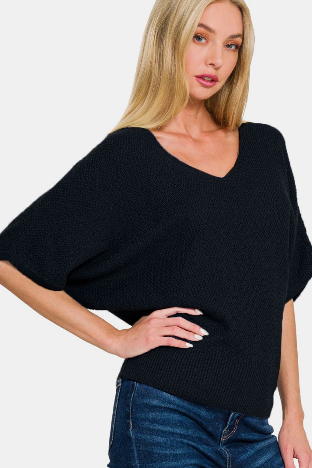 Zenana V-Neck Short Sleeve Dolman Sweater