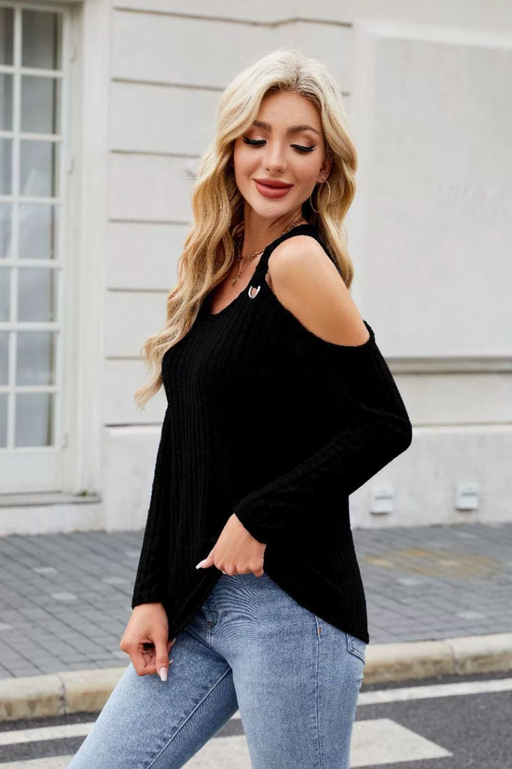 Ribbed Cold Shoulder Long Sleeve Top