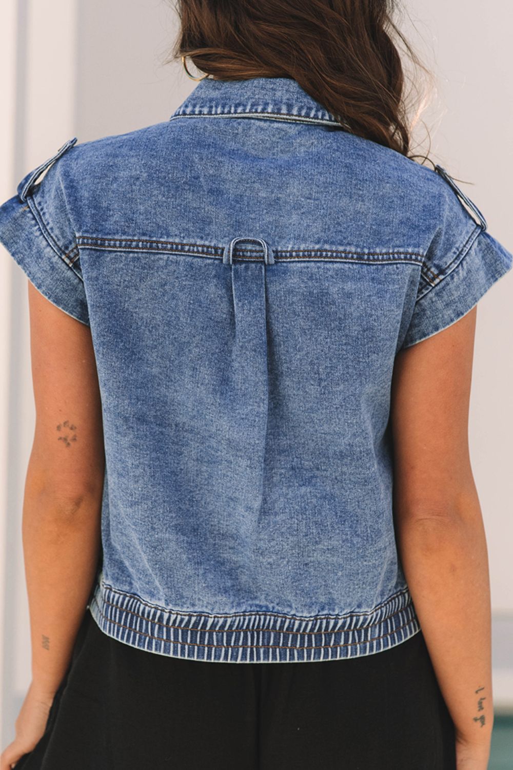 Button Up Cap Sleeve Denim Jacket